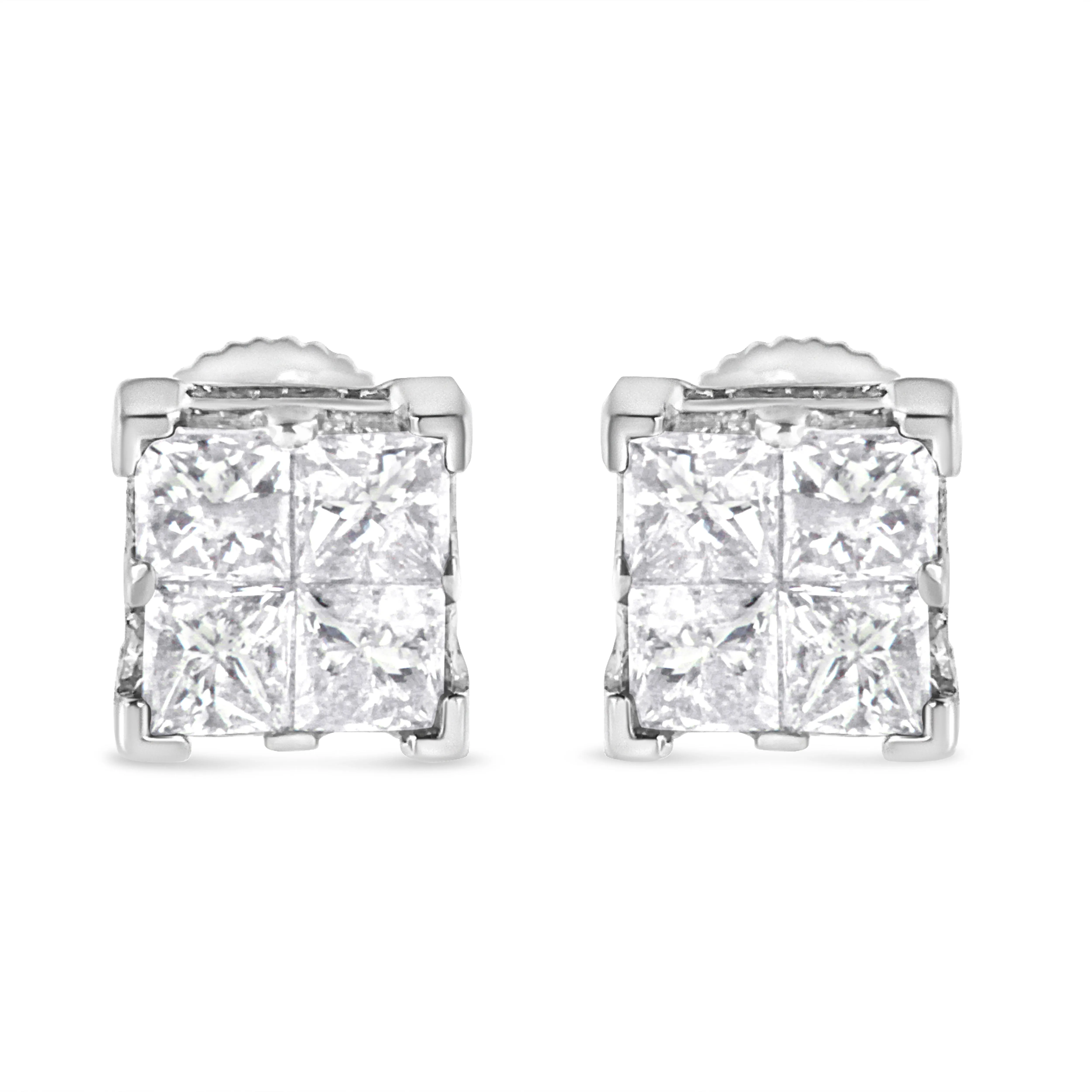10K White Gold 3/4 Cttw Invisible Set Princess-Cut Diamond Composite Square Stud Earrings
