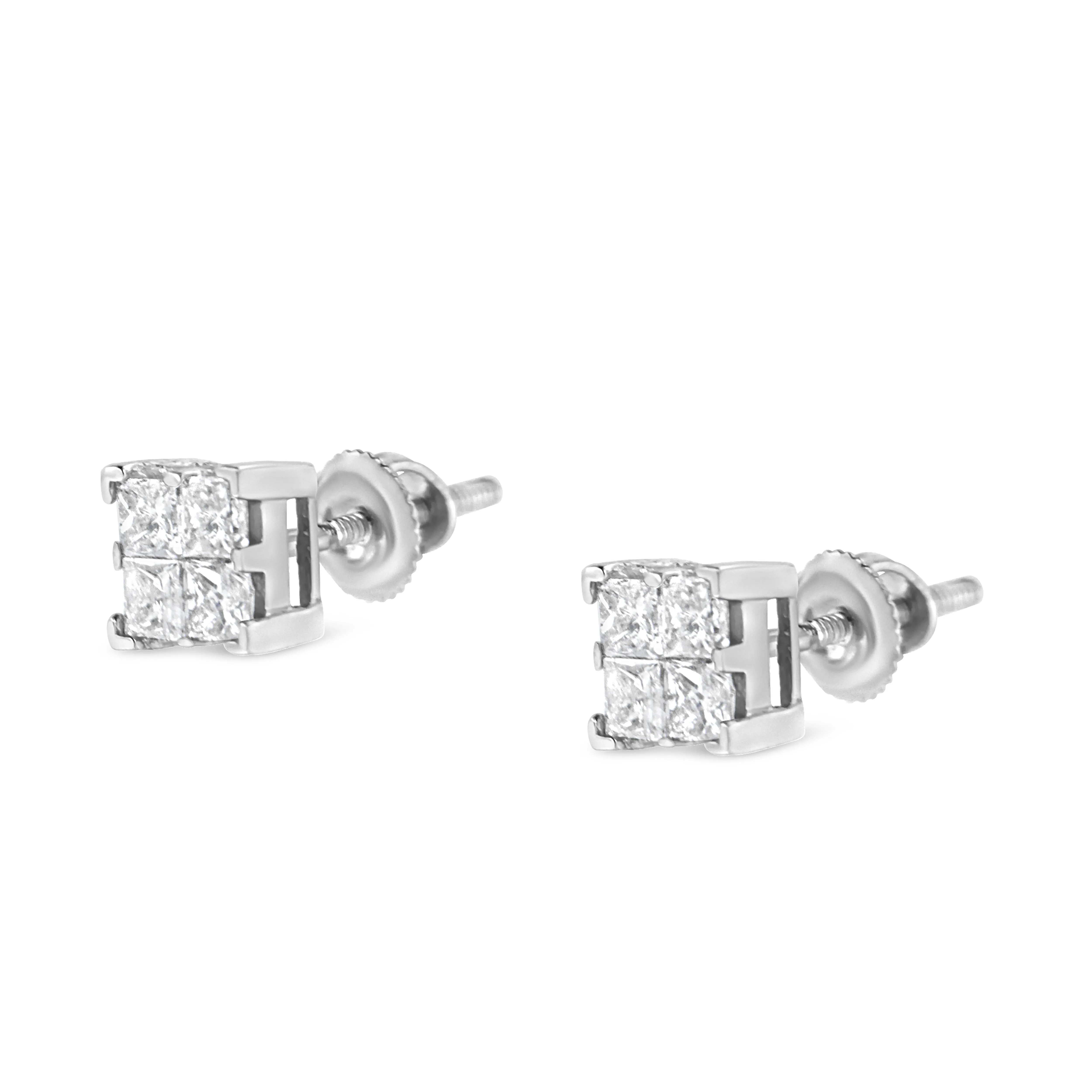 10K White Gold 3/4 Cttw Invisible Set Princess-Cut Diamond Composite Square Stud Earrings