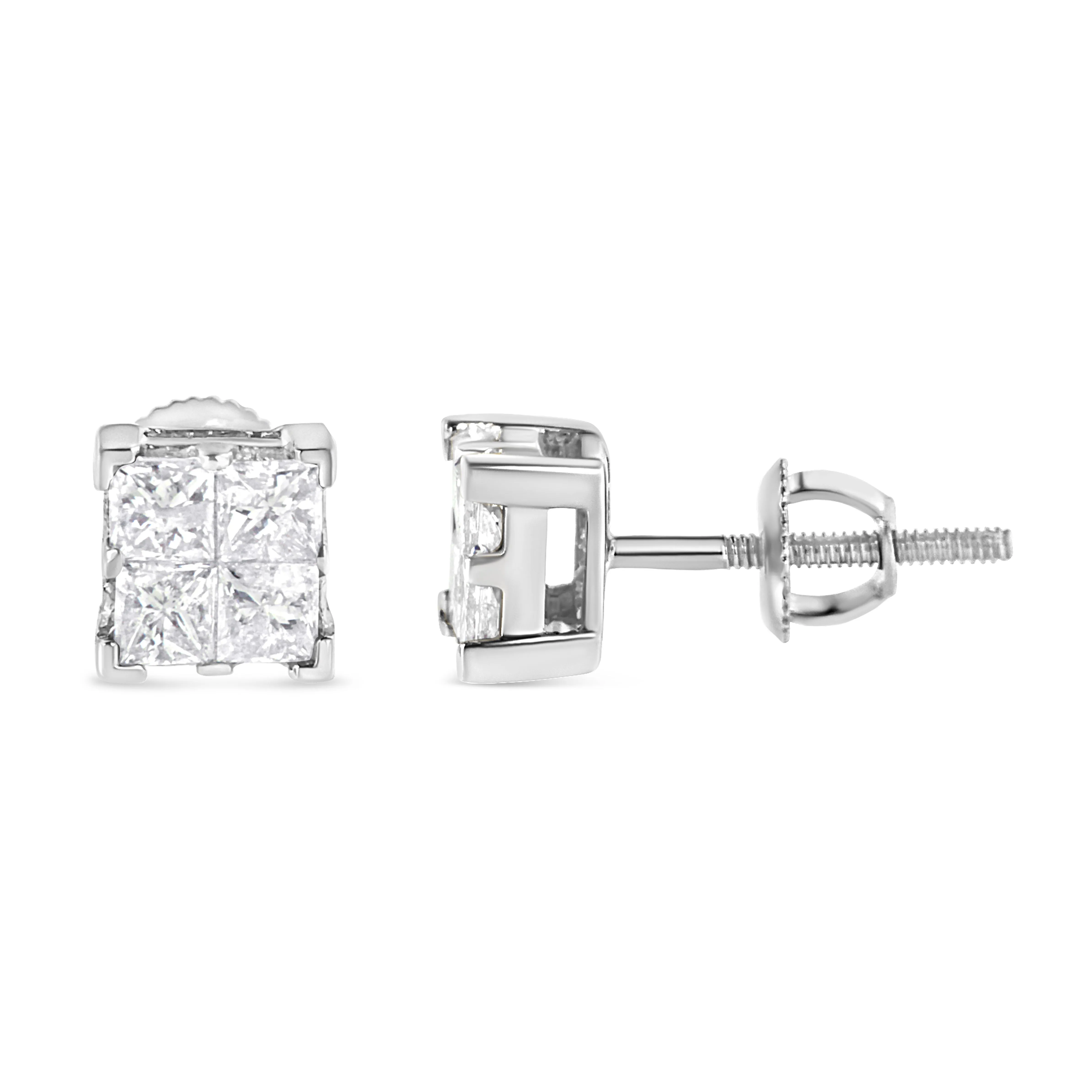 10K White Gold 3/4 Cttw Invisible Set Princess-Cut Diamond Composite Square Stud Earrings