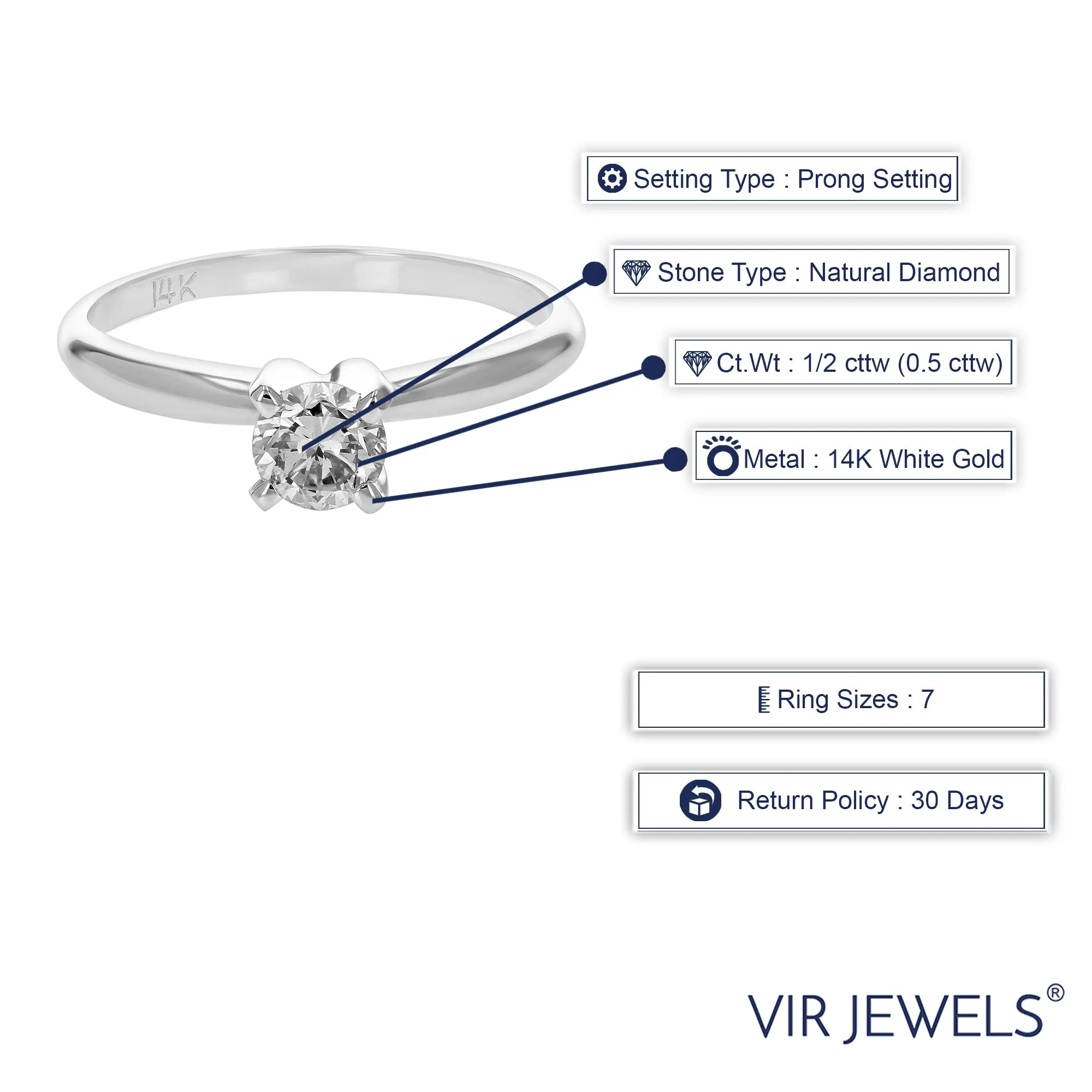 1/2 cttw SI1 Diamond Solitaire Engagement Ring 14K White Gold Round Prong Size 7