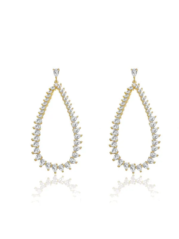 14k Gold Plated with Clear Cubic Zirconia Raindrop Front-Facing Hoop Earrings