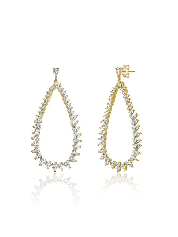 14k Gold Plated with Clear Cubic Zirconia Raindrop Front-Facing Hoop Earrings