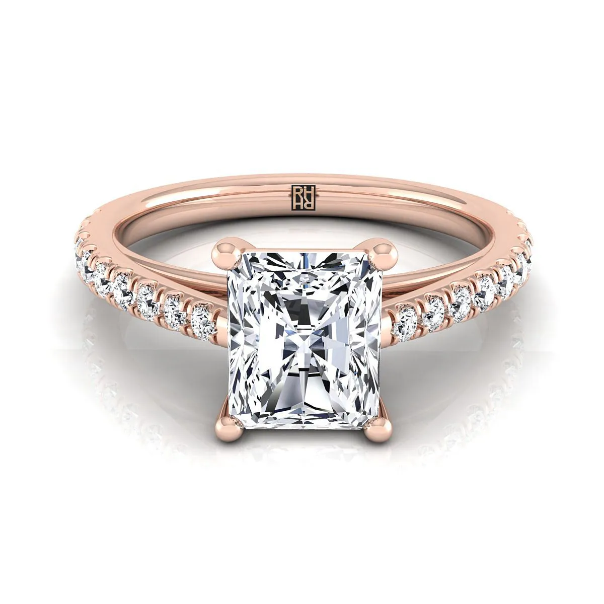 14K Rose Gold Radiant Cut Center Diamond French Pave Cathedral Style Solitaire Engagement Ring -1/4ctw