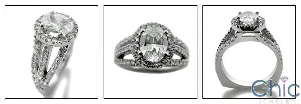 1.5 Oval Cubic Zirconia Center Halo Pave Euro Shank 14K White Gold Cz Ring