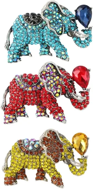 3Pcs Exquisite Red Blue Golden Radiance Crystal Elephant Brooch Pin Animal Themed Brooches for Unisex Clothing Accessories