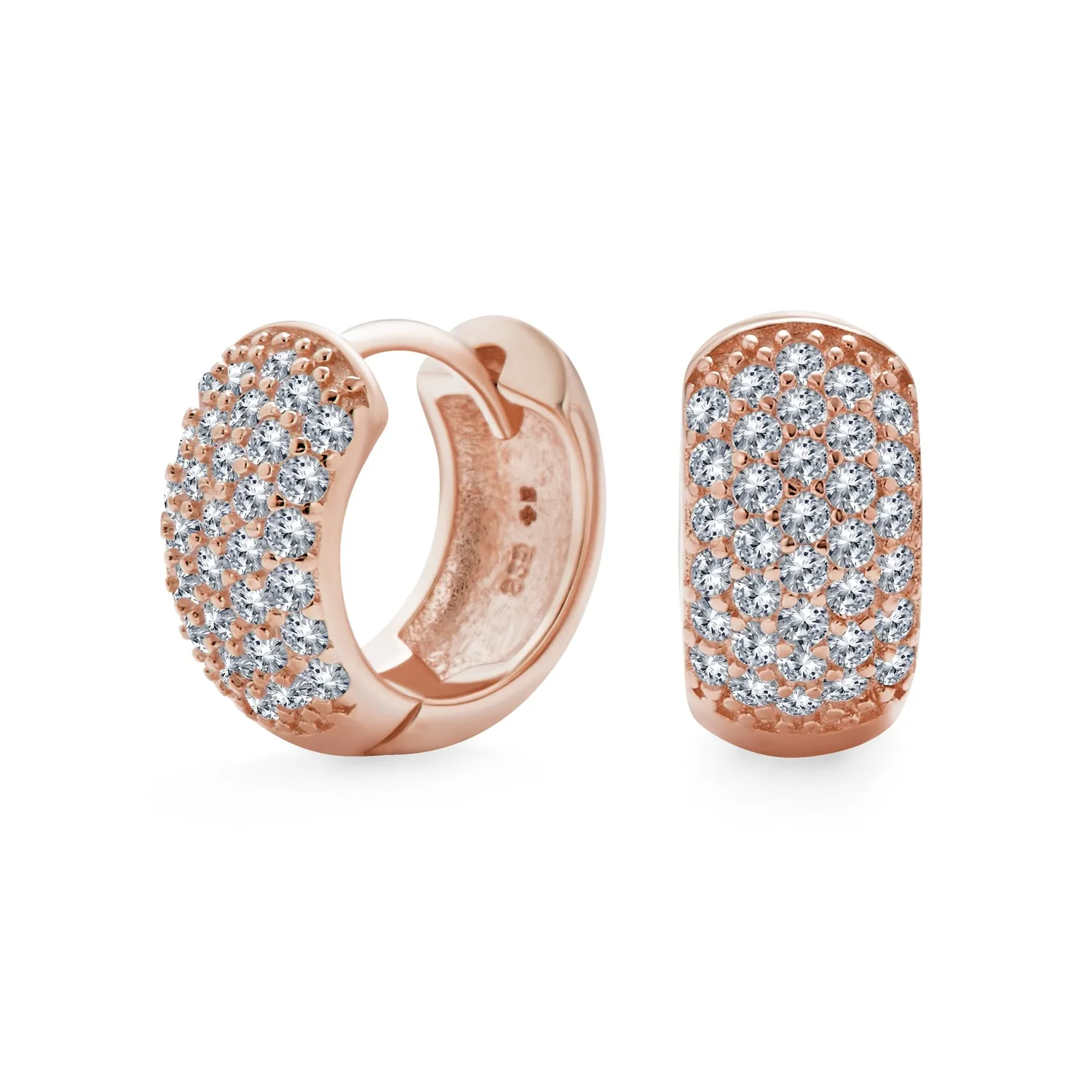 5 Row Pave CZ Hoop Earrings Wide Huggie Rose Gold Plated Sterling Silver