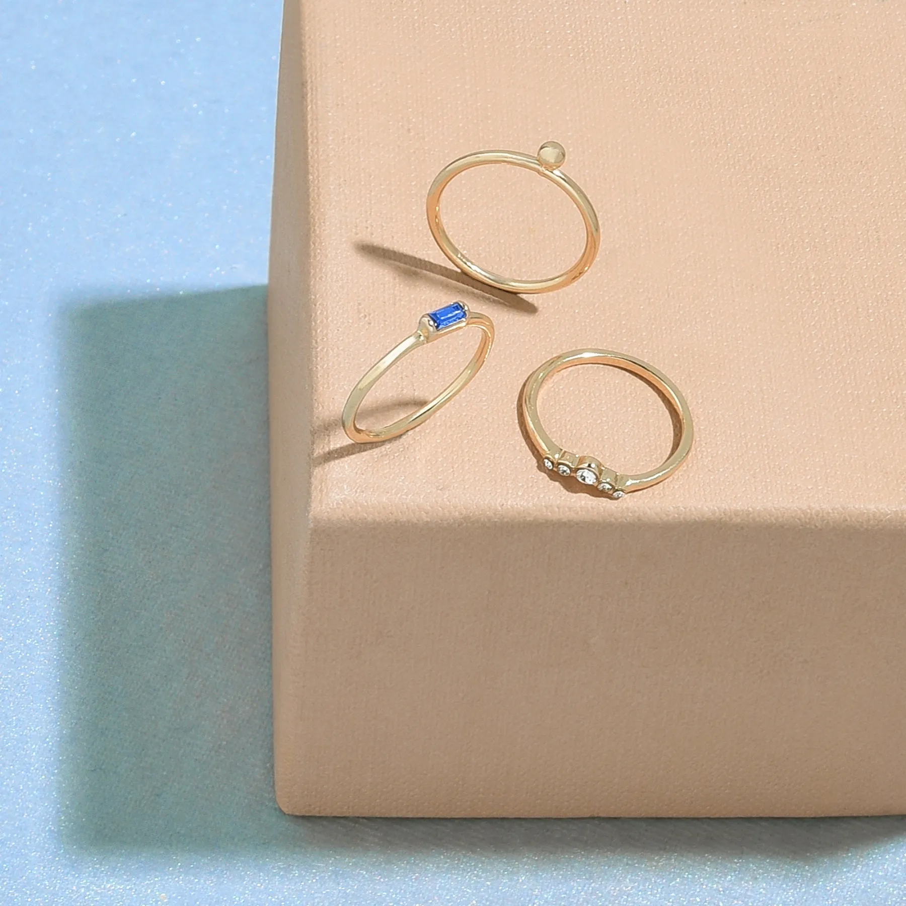 Accessorize London Women's Set of 3 Gold & Blue Baguette Ring Small
