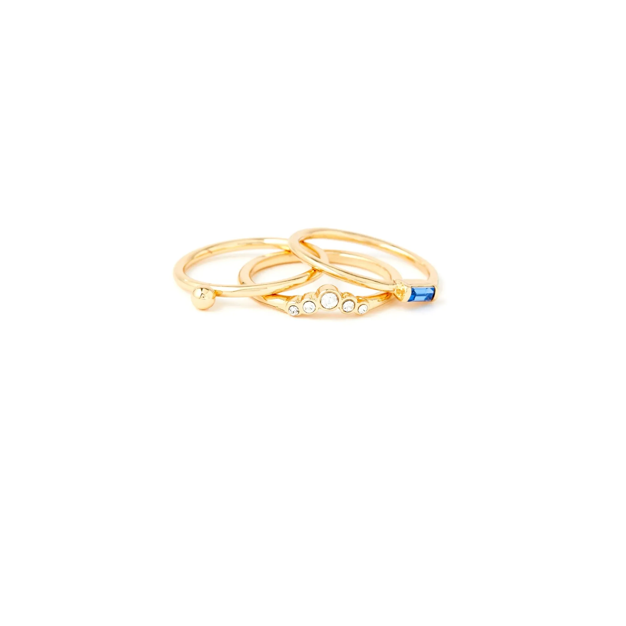 Accessorize London Women's Set of 3 Gold & Blue Baguette Ring Small