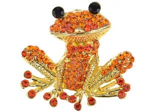 Alilang Fiery Orange Red Happy Crystal Rhinestones Golden Tone Smiling Frog Pin Brooch