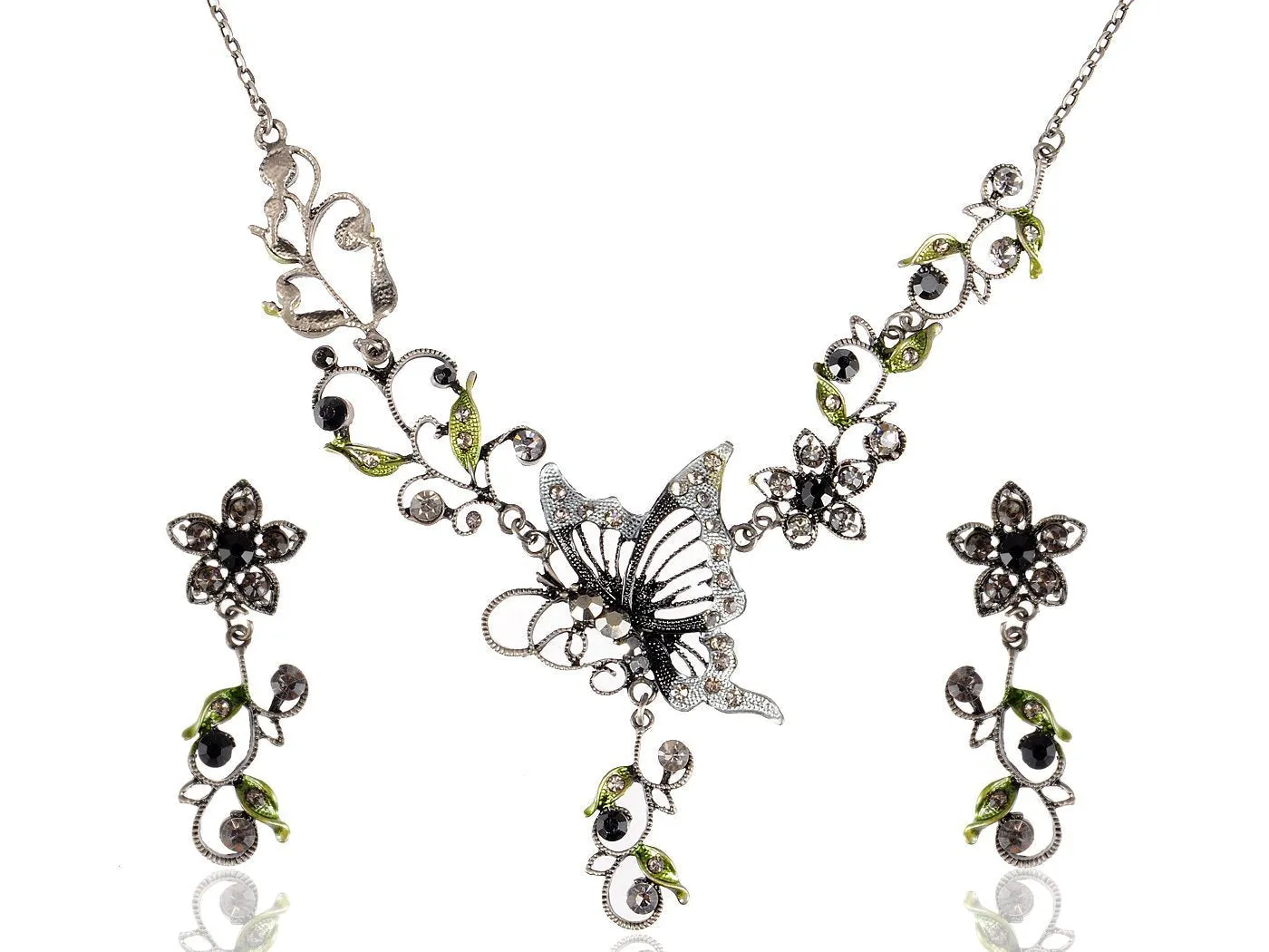 Alilang Gunmetal Tone Clear Balck Crystal Rhinestones Green Enamel Butterfly Flower Necklace Earrings Set