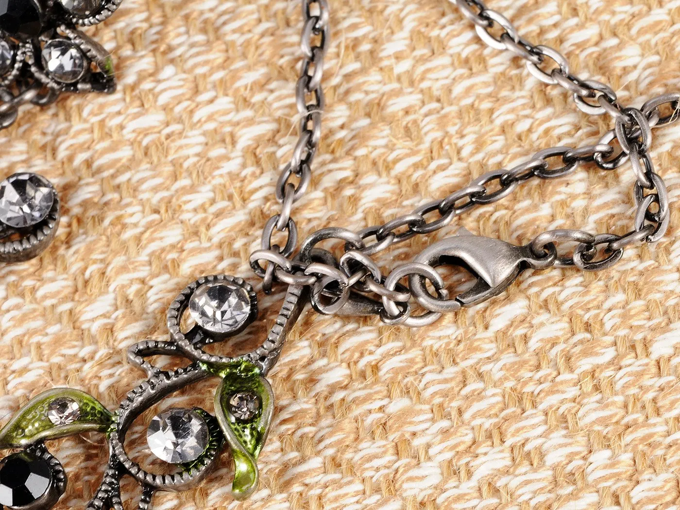 Alilang Gunmetal Tone Clear Balck Crystal Rhinestones Green Enamel Butterfly Flower Necklace Earrings Set