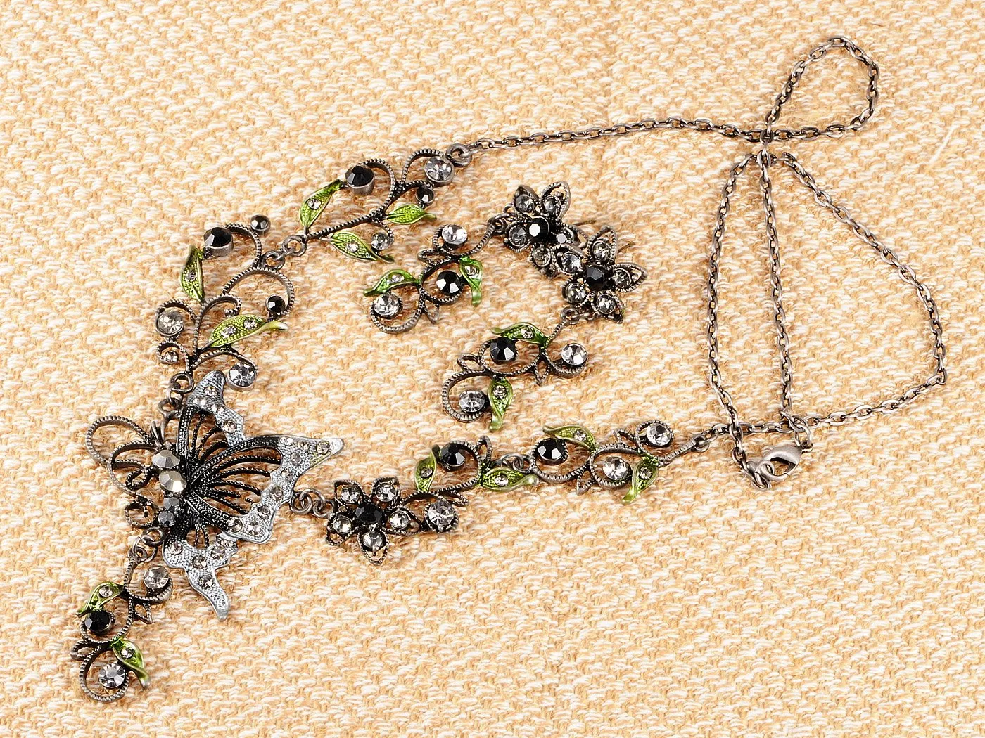 Alilang Gunmetal Tone Clear Balck Crystal Rhinestones Green Enamel Butterfly Flower Necklace Earrings Set