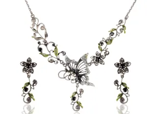 Alilang Gunmetal Tone Clear Balck Crystal Rhinestones Green Enamel Butterfly Flower Necklace Earrings Set