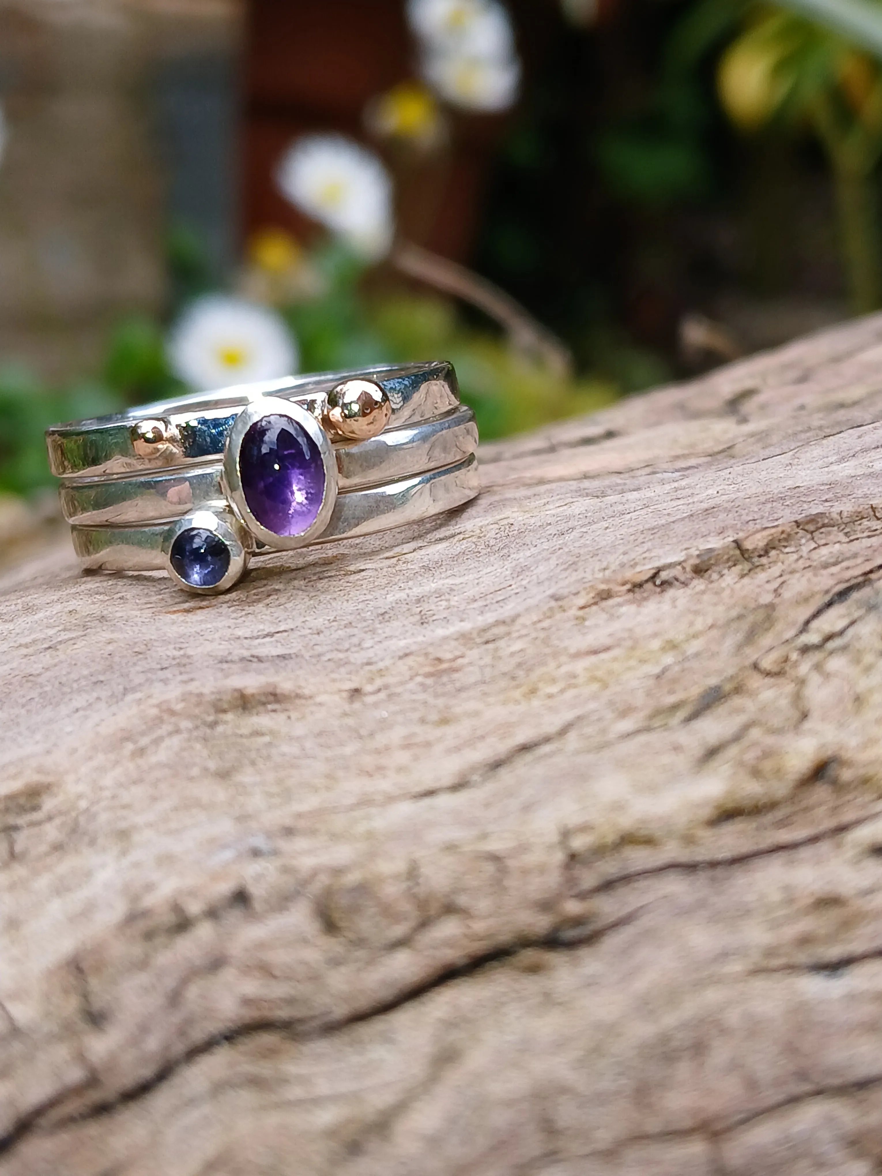 Amethyst Iolite and Gold Dot Stacking Set