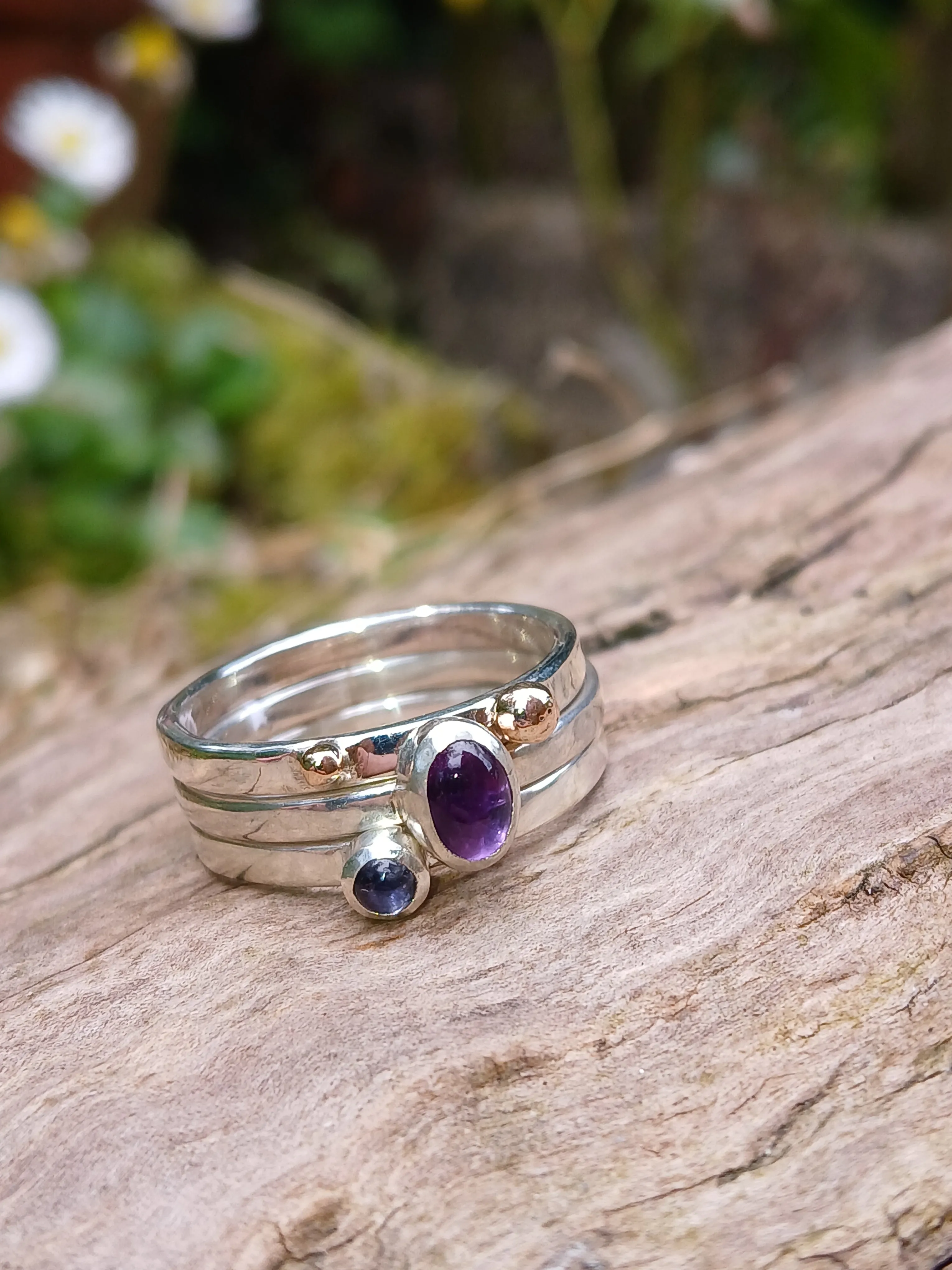 Amethyst Iolite and Gold Dot Stacking Set