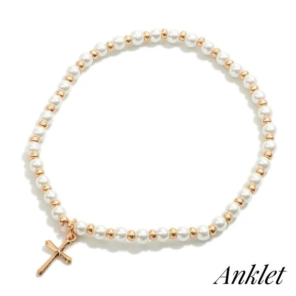 Ankle Bracelet- Stretchy Beaded Anklet with Dangle Cross Charm