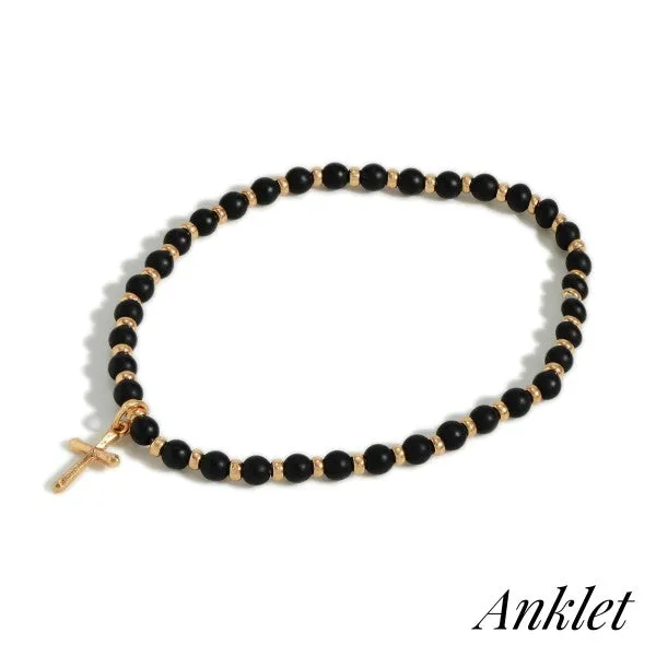 Ankle Bracelet- Stretchy Beaded Anklet with Dangle Cross Charm