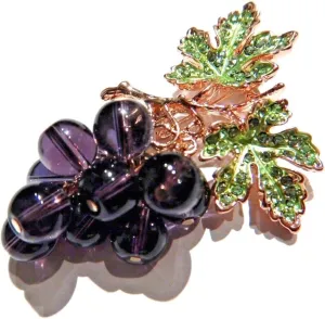 Beaded Glass Grape Cluster Brooch Goldtone Enamel Crystal Rhinestone Leaves Lapel Wine Fruit Pin