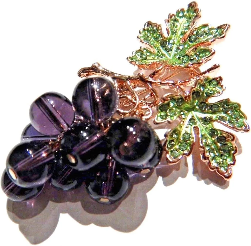 Beaded Glass Grape Cluster Brooch Goldtone Enamel Crystal Rhinestone Leaves Lapel Wine Fruit Pin
