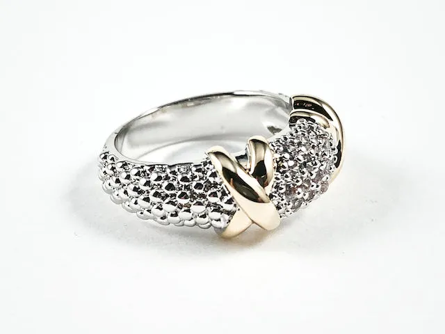 Beautiful Bead Textured Band With Gold Tone X Marks Two Tone Brass Ring