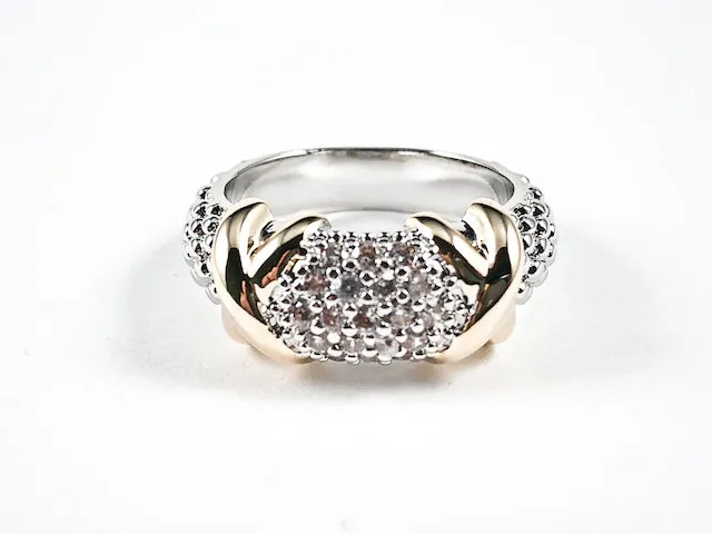 Beautiful Bead Textured Band With Gold Tone X Marks Two Tone Brass Ring