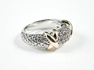 Beautiful Bead Textured Band With Gold Tone X Marks Two Tone Brass Ring