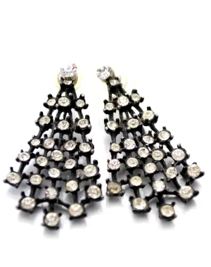 Black Fan Shaped Rhinestone Pierced Vintage Earrings Jackets