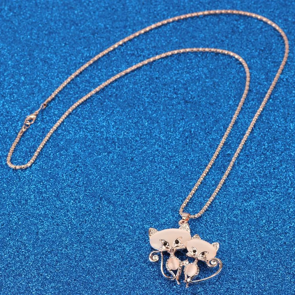 Bonsny Adorable Clear Rhinestone Kitty Cats Gold Necklace