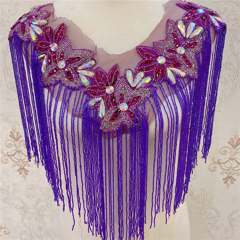 Bridal Wedding Party Rhinestone Crystal String Beaded Sequin Glitter Full Body Sew On Patch Trim Applique / 10 COLOR DESIGNS