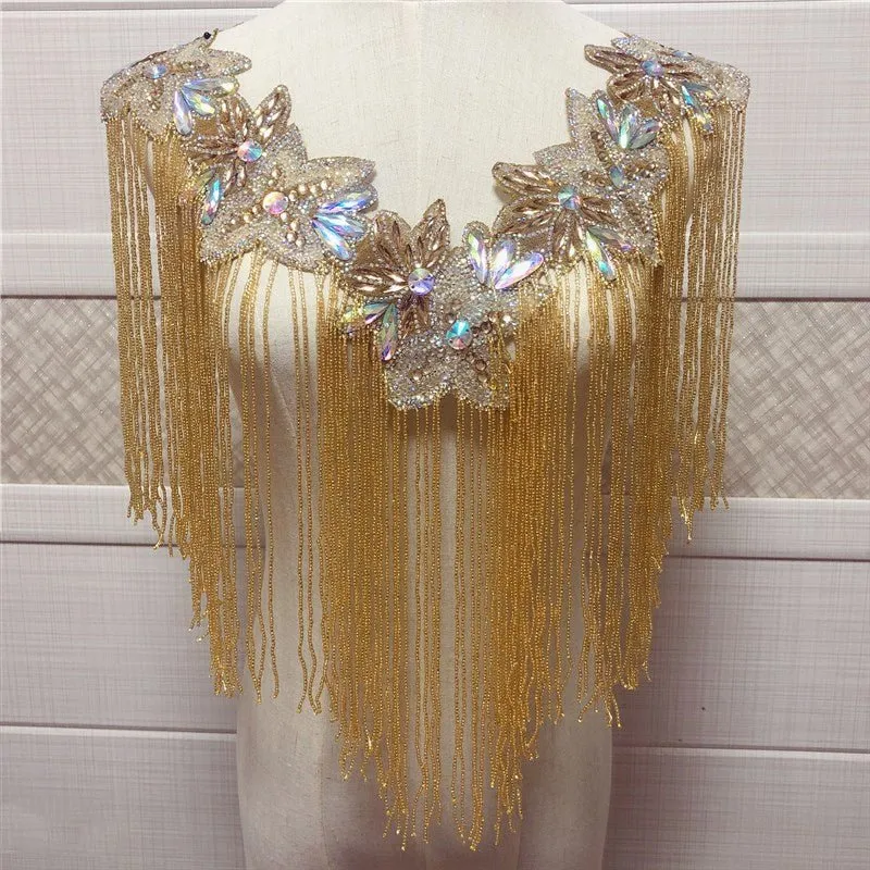 Bridal Wedding Party Rhinestone Crystal String Beaded Sequin Glitter Full Body Sew On Patch Trim Applique / 10 COLOR DESIGNS