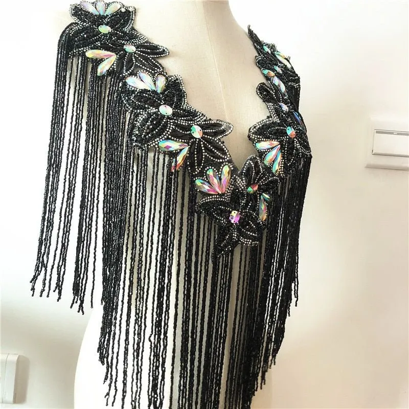 Bridal Wedding Party Rhinestone Crystal String Beaded Sequin Glitter Full Body Sew On Patch Trim Applique / 10 COLOR DESIGNS