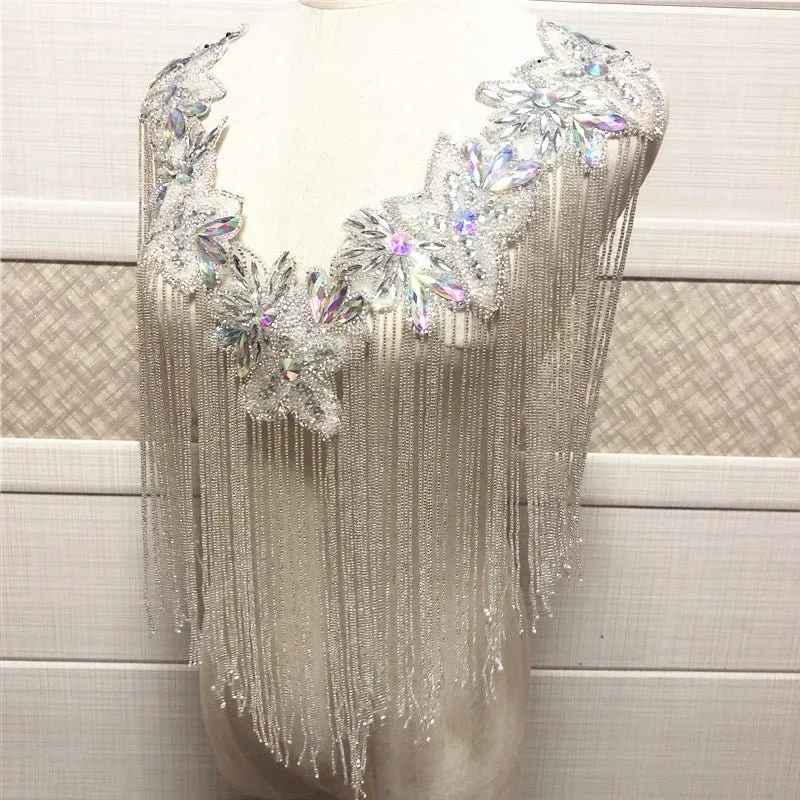 Bridal Wedding Party Rhinestone Crystal String Beaded Sequin Glitter Full Body Sew On Patch Trim Applique / 10 COLOR DESIGNS