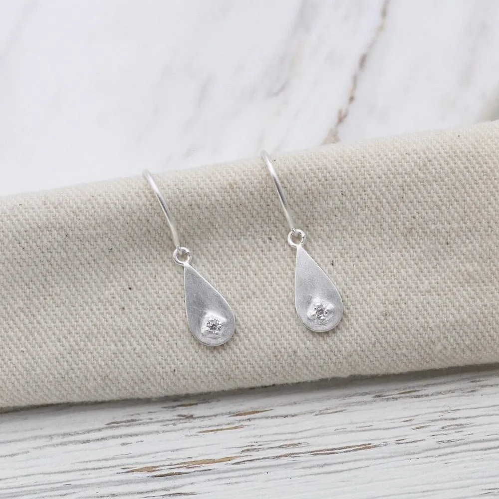 Brushed Sterling Silver Dewdrop with Cubic Zirconium Earring