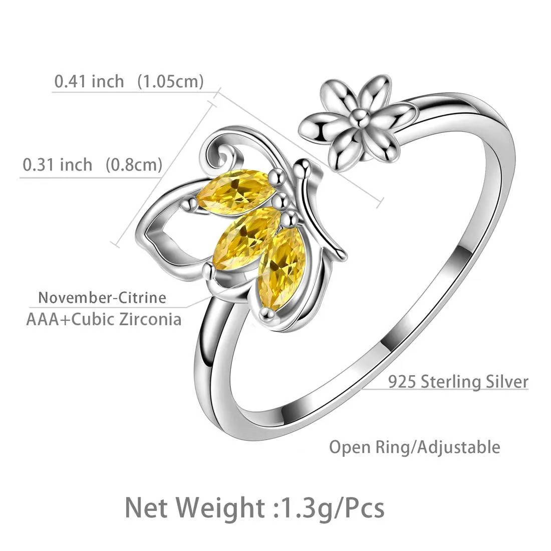 Butterfly Ring Open Birthstone November Citrine Women Girls Jewelry Birthday Gift