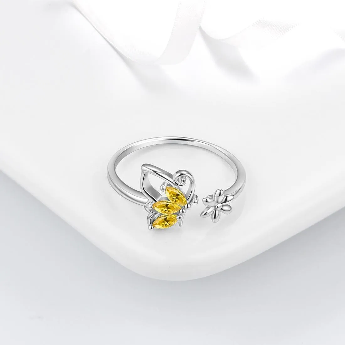Butterfly Ring Open Birthstone November Citrine Women Girls Jewelry Birthday Gift