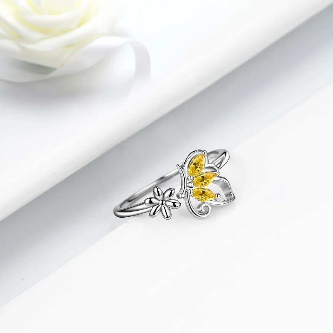 Butterfly Ring Open Birthstone November Citrine Women Girls Jewelry Birthday Gift