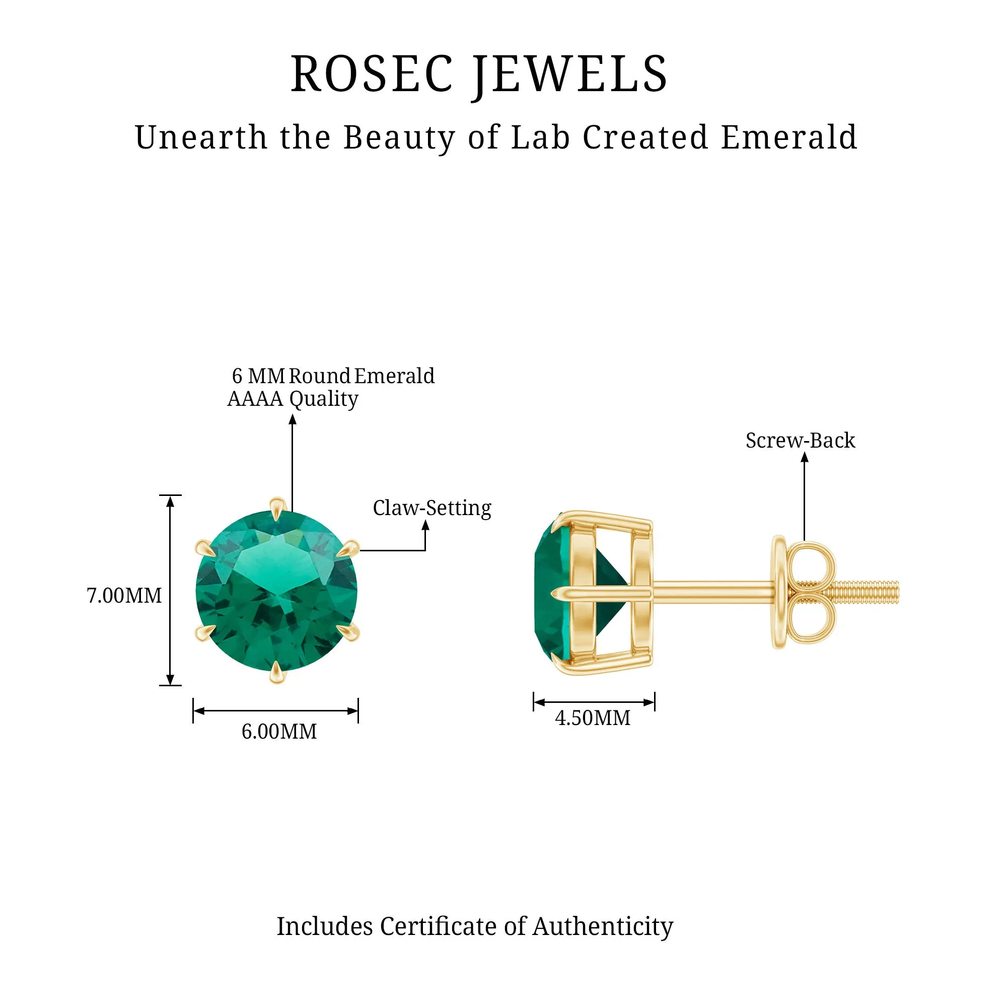 Created Emerald Simple Solitaire Stud Earrings