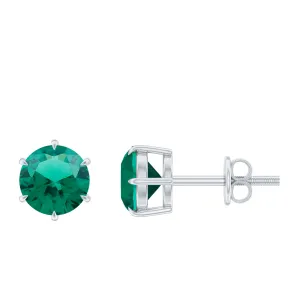 Created Emerald Simple Solitaire Stud Earrings