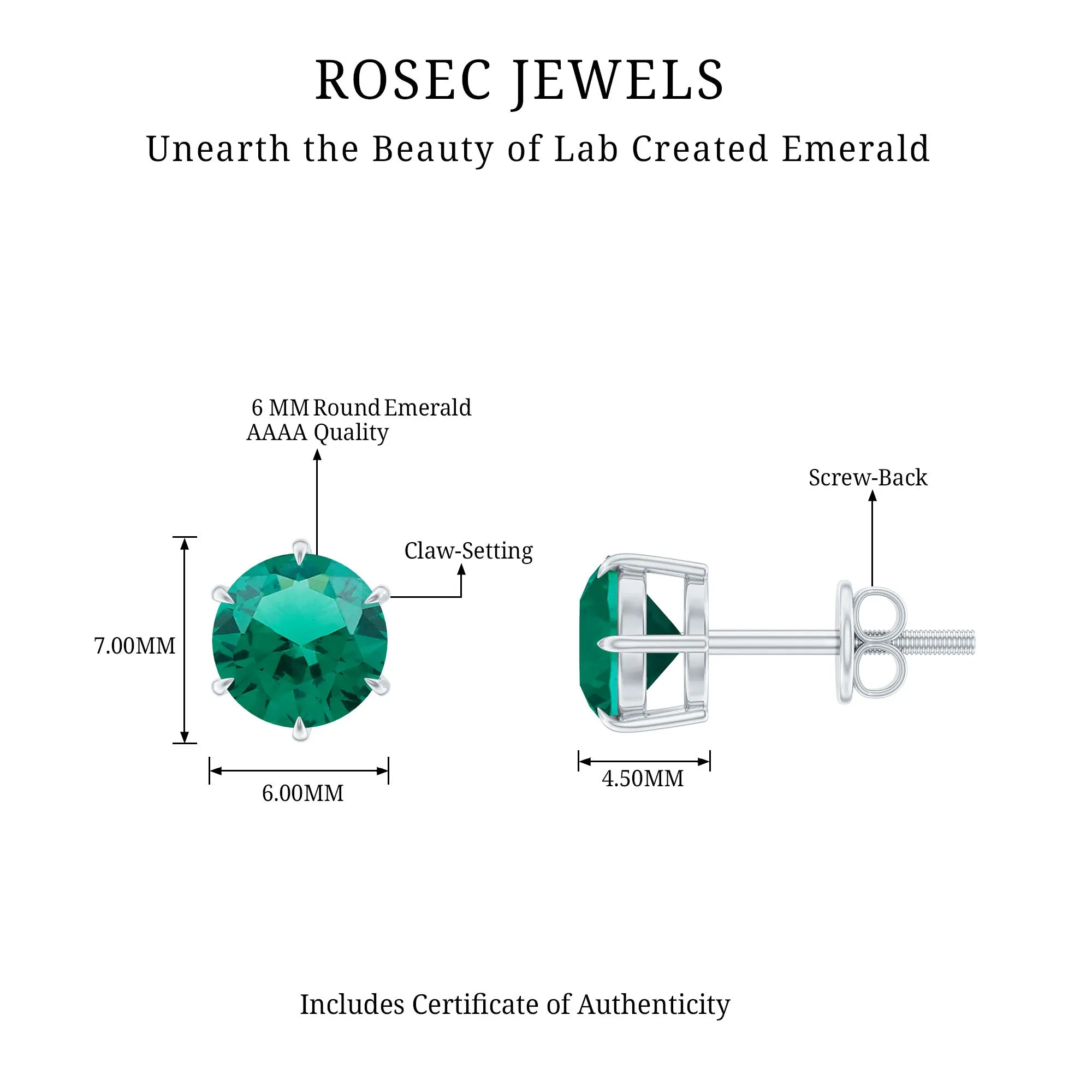 Created Emerald Simple Solitaire Stud Earrings