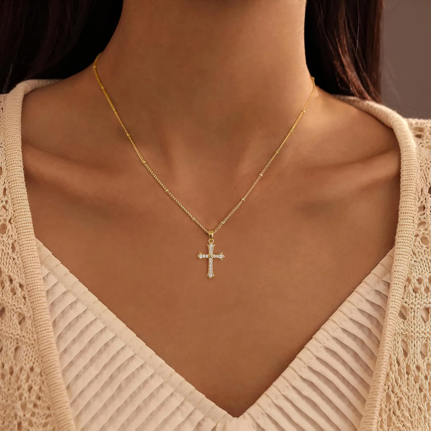 Cross Necklace for Women Trendy,Dainty 14K Gold Plated Cross Pendant Cute Choker Necklace Simple Sideway Cross Necklaces for Women Gold Jewelry Baptism Gifts