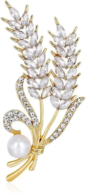 Dainty Wheat Brooch Pins for Women Girls Sparkling Rhinestone Crystal CZ Pearl Corsages Scarf Clips Brooches Lapel Pins Decoration Jewelry Boutonniere Corsage for Hat Bag Suit Tie Wedding