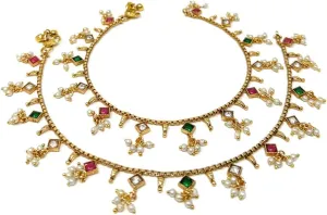 Duel On Jewel Indian Womens Bell Chain Anklet Payal Sets, Gold-Tone with Glass Stones, Pearl, and Multicolor Charm Clusters, Easy-to-Wear S-Hook Clasp, Perfect for Bridal, Party, Beach, and Gifts