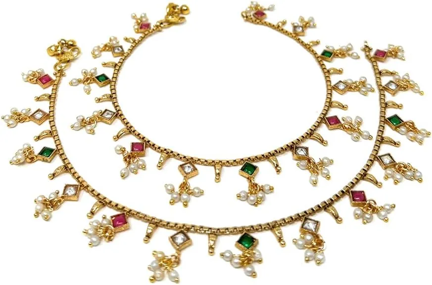 Duel On Jewel Indian Womens Bell Chain Anklet Payal Sets, Gold-Tone with Glass Stones, Pearl, and Multicolor Charm Clusters, Easy-to-Wear S-Hook Clasp, Perfect for Bridal, Party, Beach, and Gifts