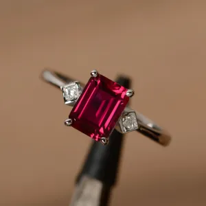 Elegant Emerald Cut Ruby Solitaire Rings - 925 Sterling Silver Ring
