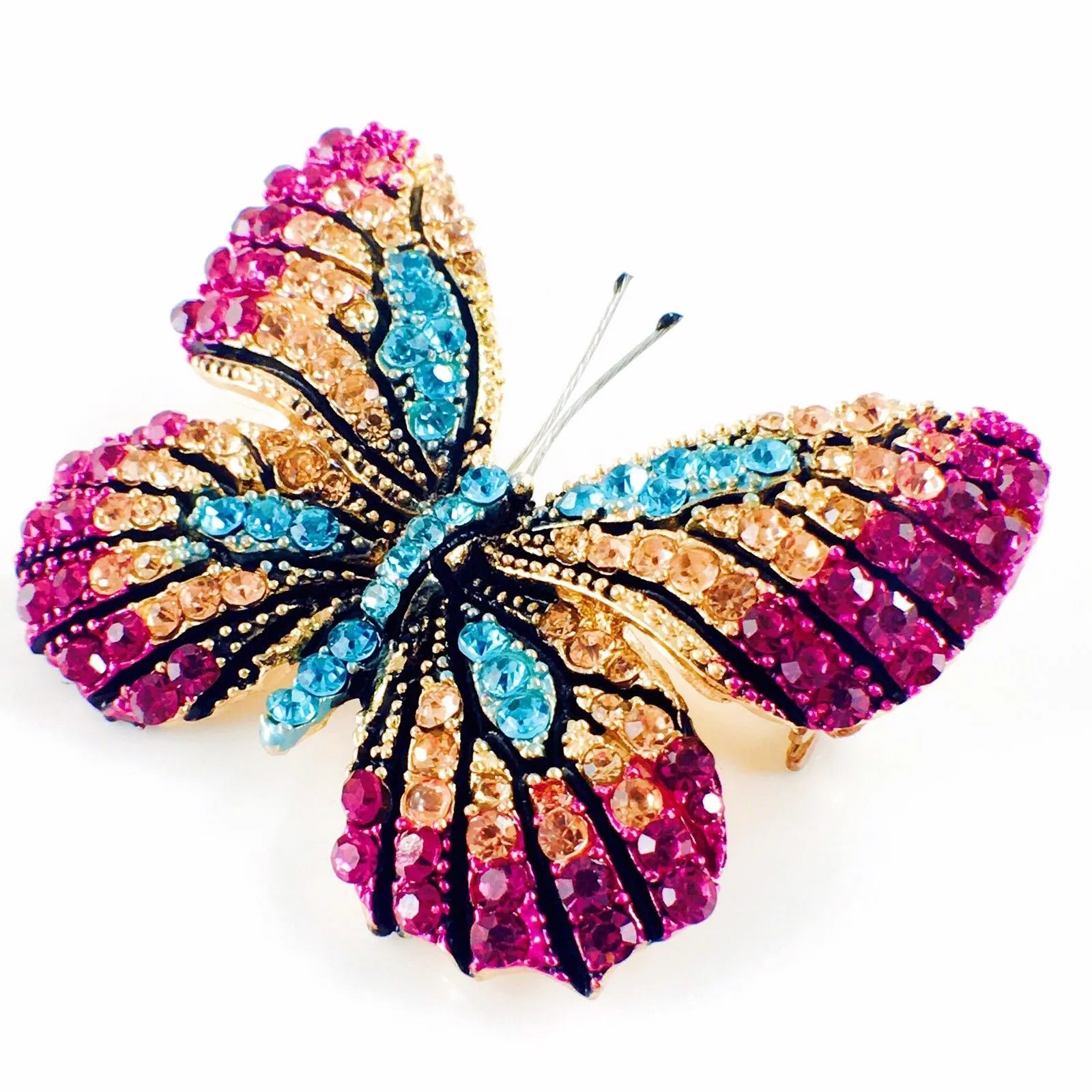 Fairy Butterfly Brooch Swarovski Crystal gold base multi colors Fuchsia Magenta Brown Blue