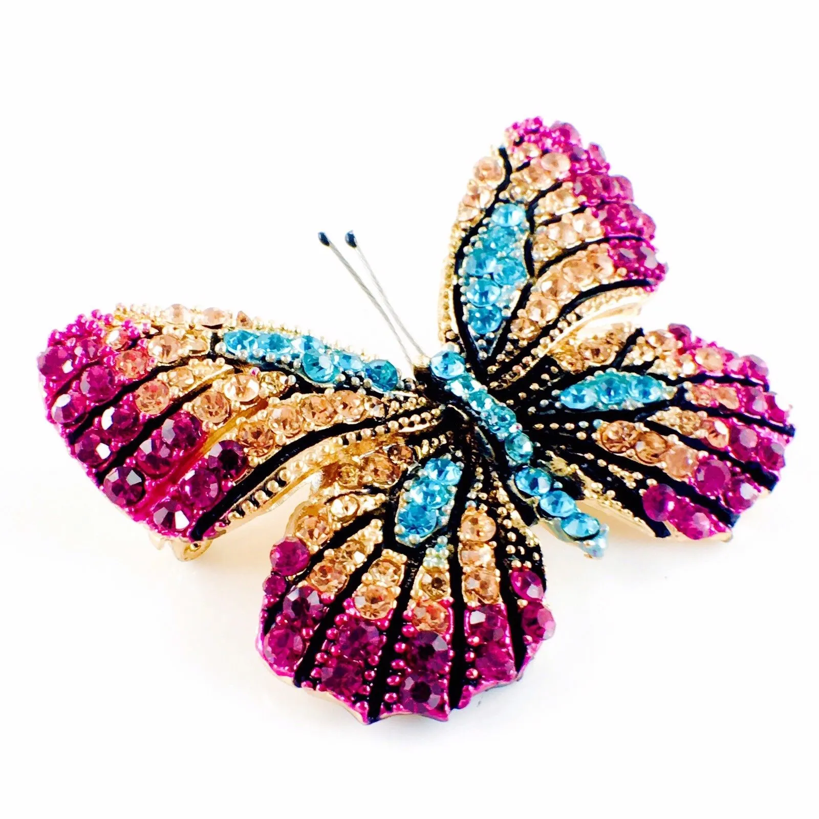 Fairy Butterfly Brooch Swarovski Crystal gold base multi colors Fuchsia Magenta Brown Blue