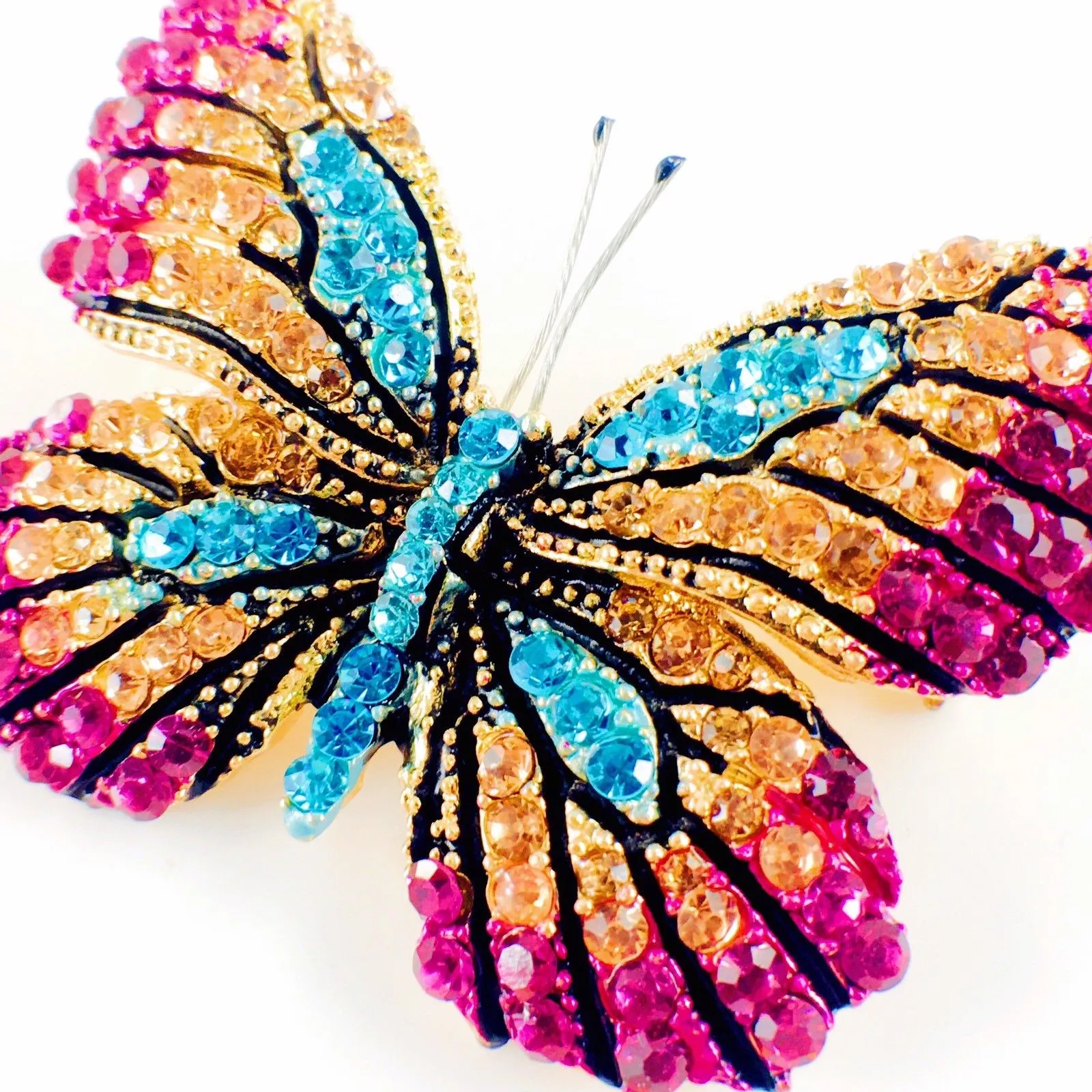 Fairy Butterfly Brooch Swarovski Crystal gold base multi colors Fuchsia Magenta Brown Blue