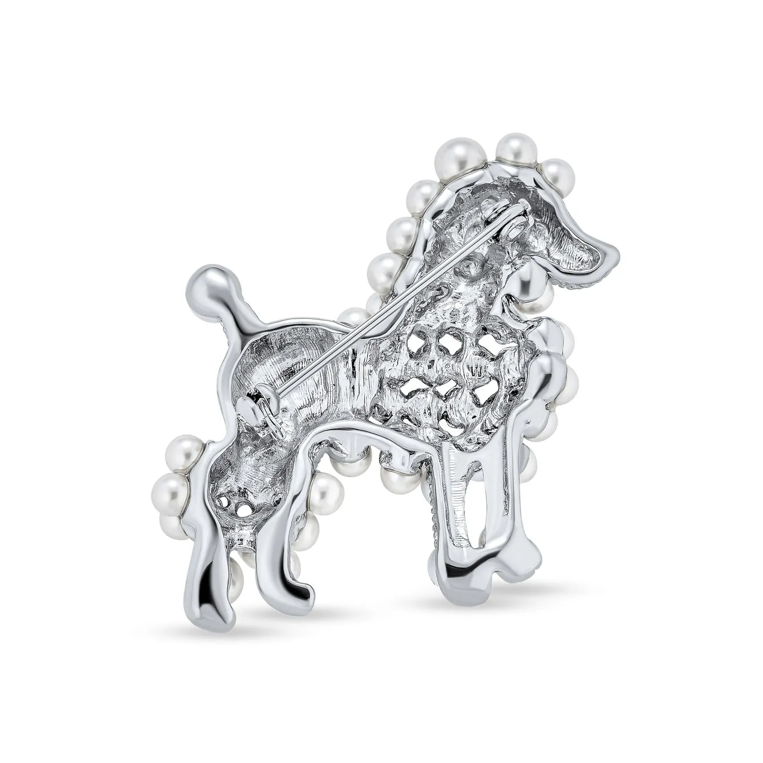 Fashion Crystal White Pearl Pink Poodle Brooche Pin Rhodium Plated Statement