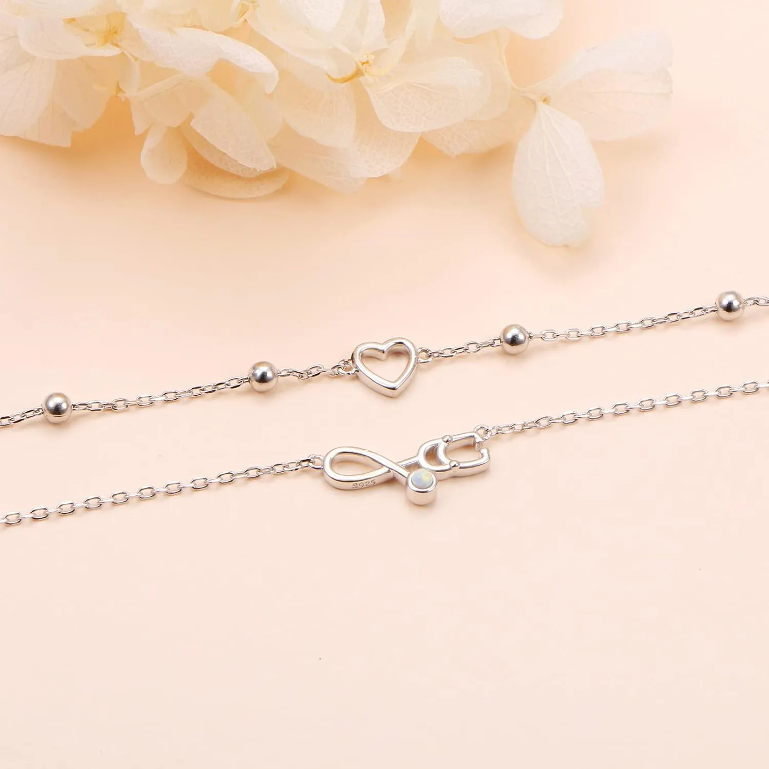 FLYOW Anklet for Women S925 Sterling Silver Adjustable Foot Beaded Heart Charm Ankle Bracelet Anklets Jewelry
