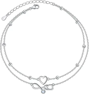 FLYOW Anklet for Women S925 Sterling Silver Adjustable Foot Beaded Heart Charm Ankle Bracelet Anklets Jewelry